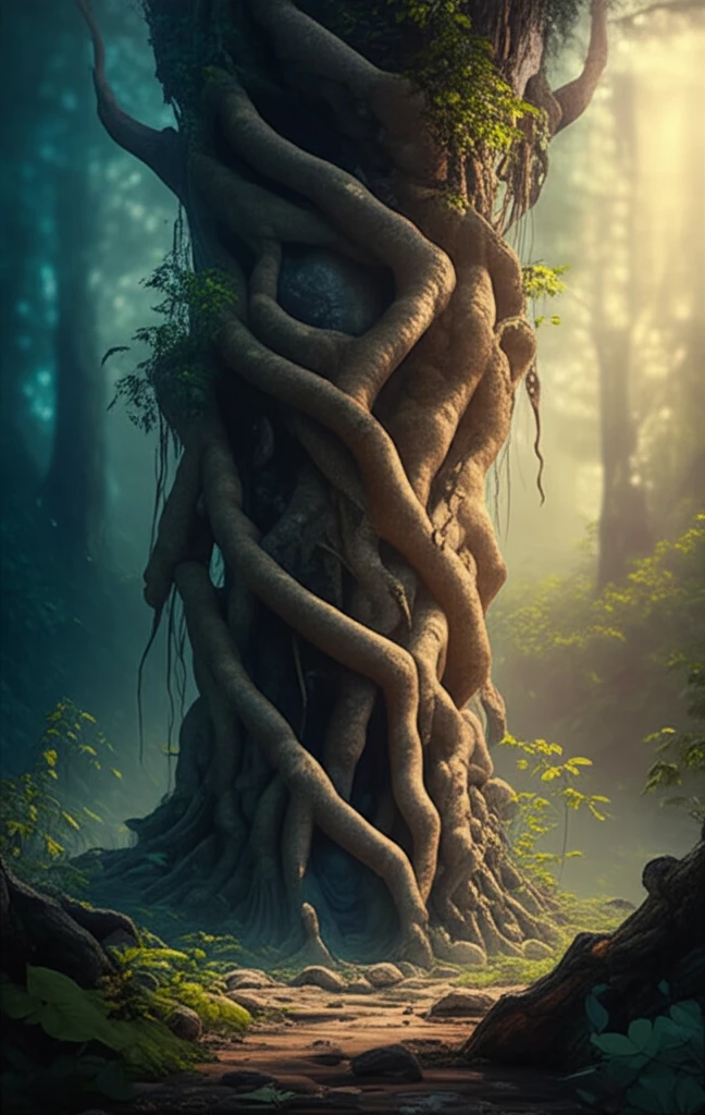 Intertwined tree roots and human hands symbolizing the connection between nature and community in a Moroccan forest.