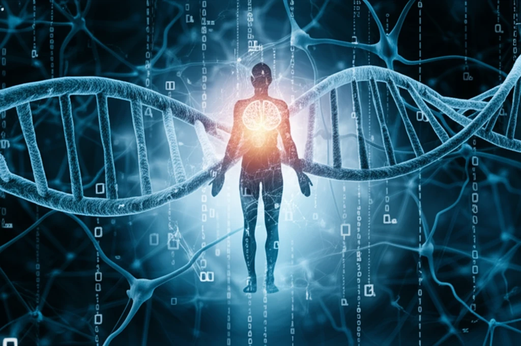 DNA turning into silhouette representing genetics, AI and personalized health.