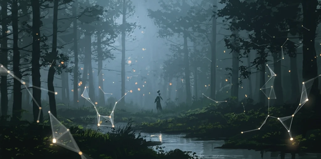 Interconnected glowing nodes in a dense forest, symbolizing D2D communication.