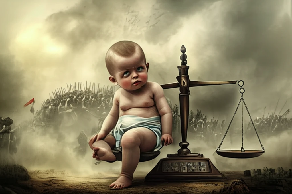 Image symbolizing the imbalance of sex ratios due to warfare, featuring a baby scale with a faint battlefield background.