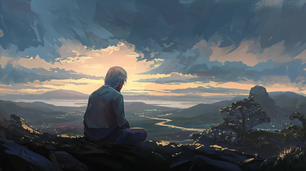 Serene landscape with an elderly person, symbolizing peace and reflection.