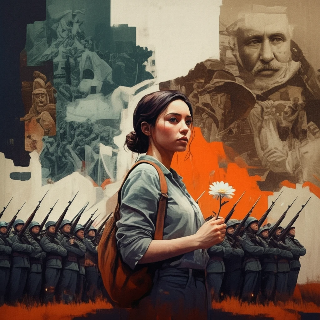 A young woman with a flower confronts armed soldiers, symbolizing peace and resistance in visual history.