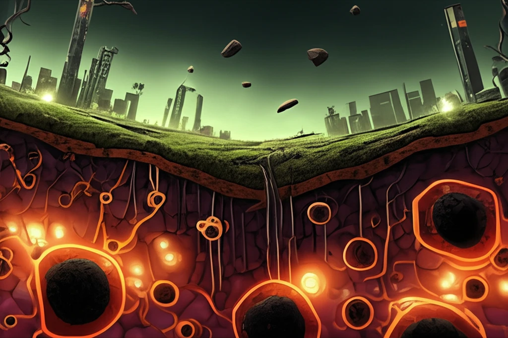Digital illustration of montmorillonite-organo-iron complexes capturing pollutants, symbolizing environmental cleanup.