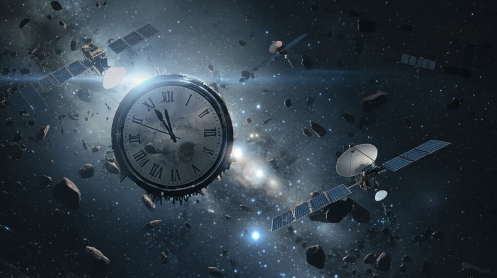 A clock tower in space with orbiting satellites.