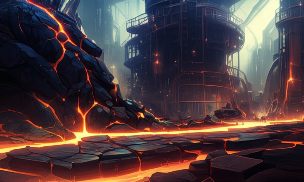 Molten coal slag with crystalline structures within a futuristic gasification plant.