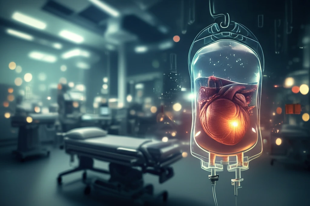Lipid emulsion infusion connected to a glowing heart, symbolizing life-saving therapy.