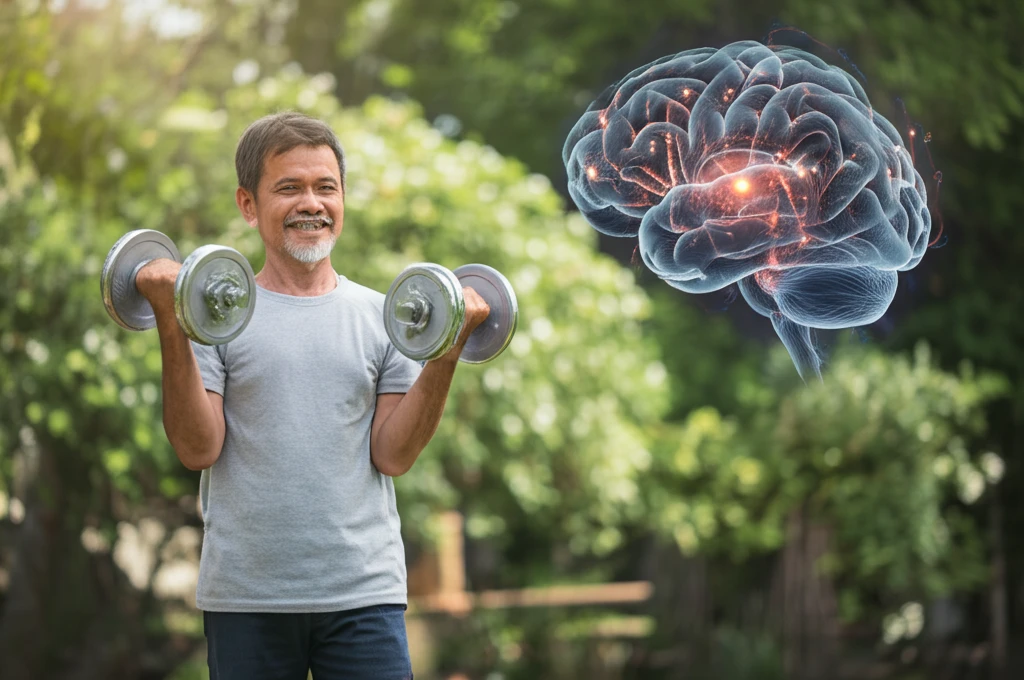 Older adult lifting weights, symbolizing improved brain function.