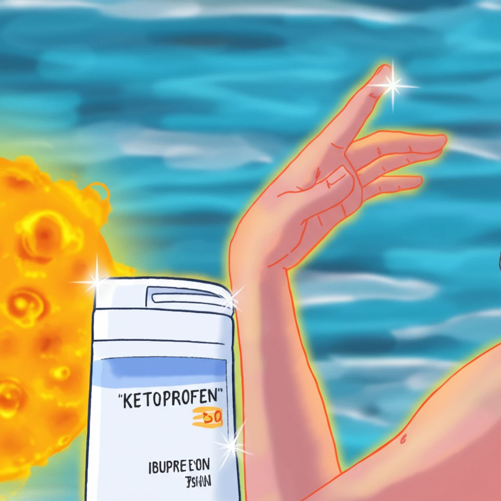 A person reaching for sunscreen and pain relief pills, with the sun glowing in the background, symbolizing the need for sun protection while using medications like ibuprofen and ketoprofen.