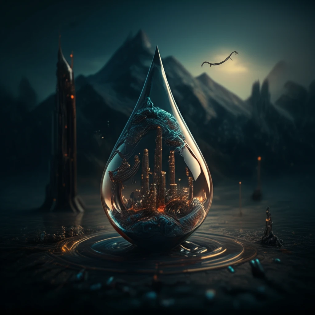 Miniature cityscape formed in a liquid droplet, showcasing micro-hydromechanical deep drawing.