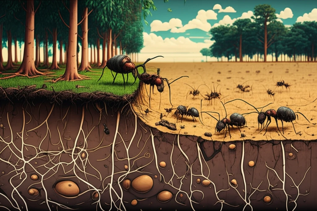 Ant colony beneath eucalyptus plantation and pasture representing the effects of different land use on soil ecology.