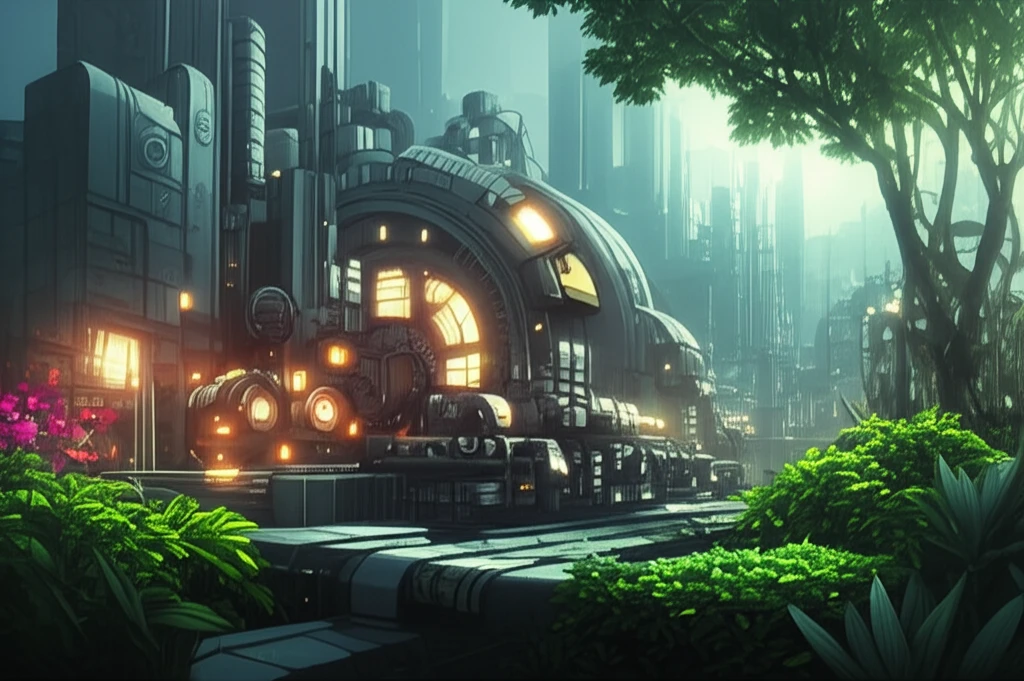 Factory machine seamlessly integrated with a vibrant garden, symbolizing sustainable productivity.