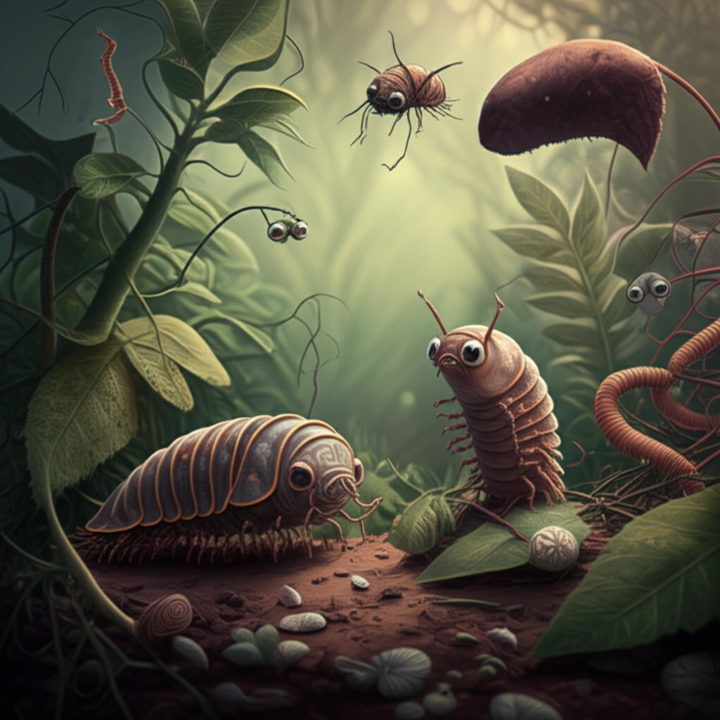 Surreal illustration of garden pests invading a lush garden
