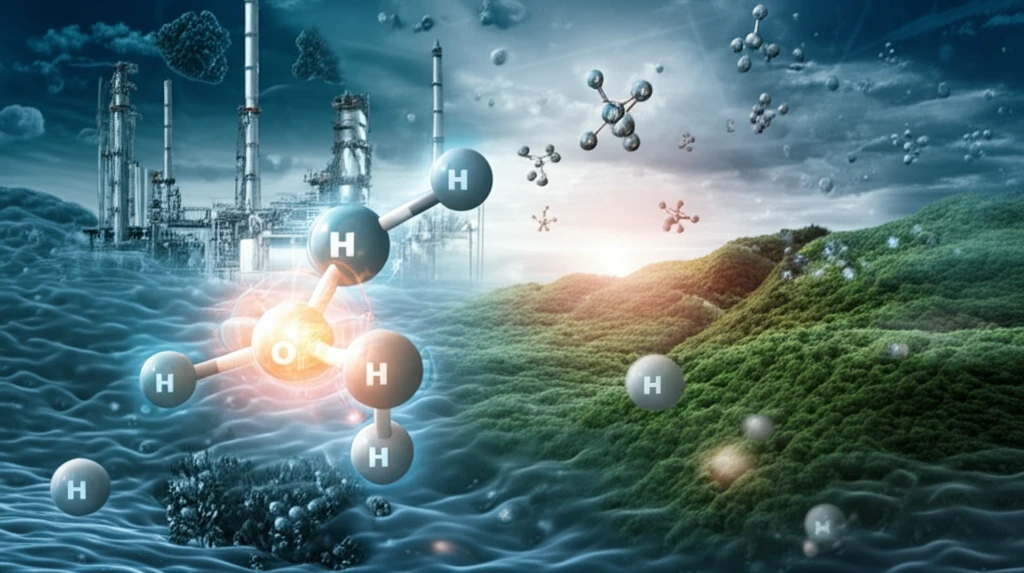Microscopic view of alcohol-infused catalyst transforming industrial landscape into a green environment.