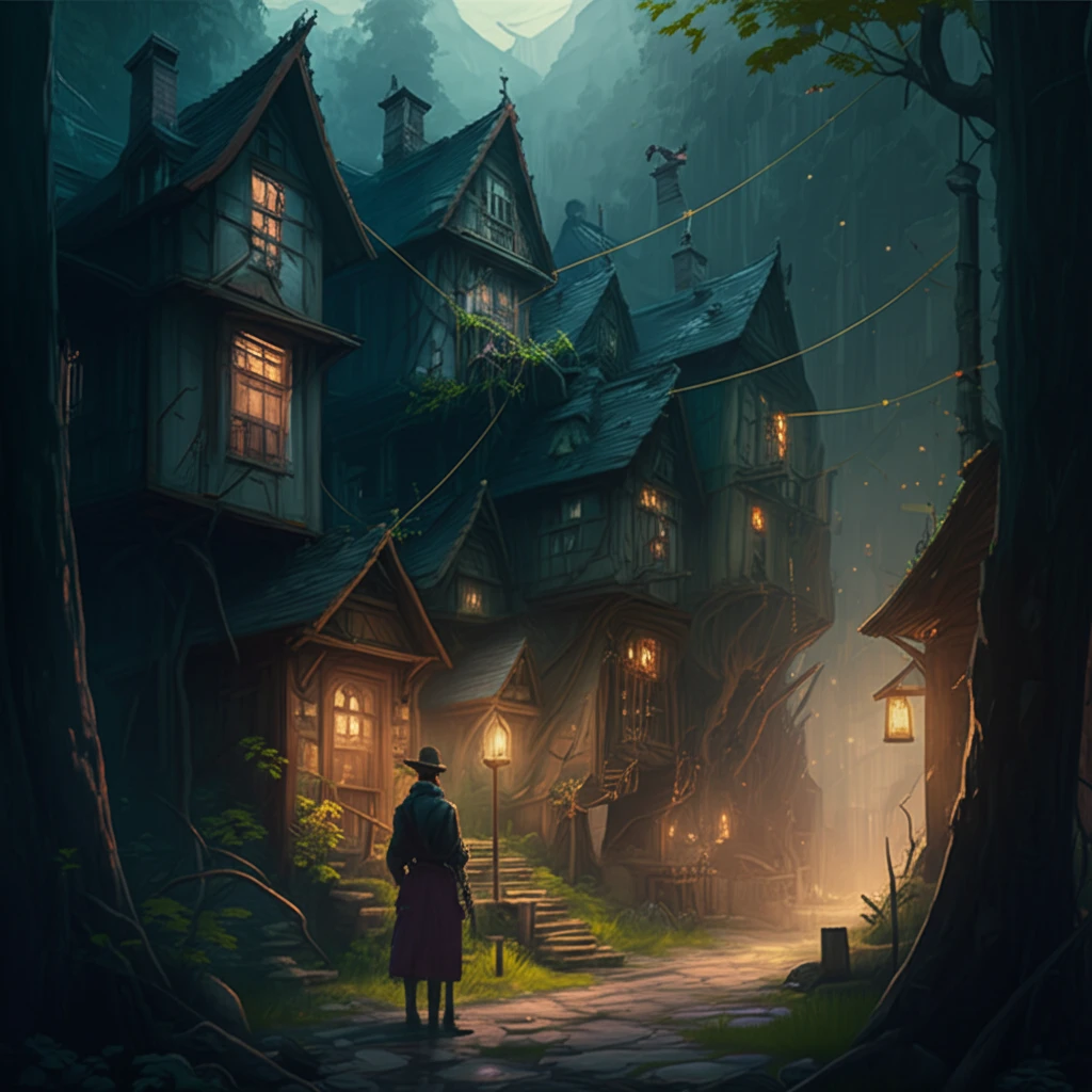 A surreal illustration of a medieval village interconnected by glowing threads representing kinship and community.