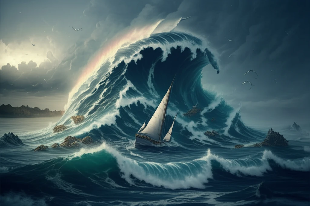 A massive freak wave dwarfs a sailboat near the coast.