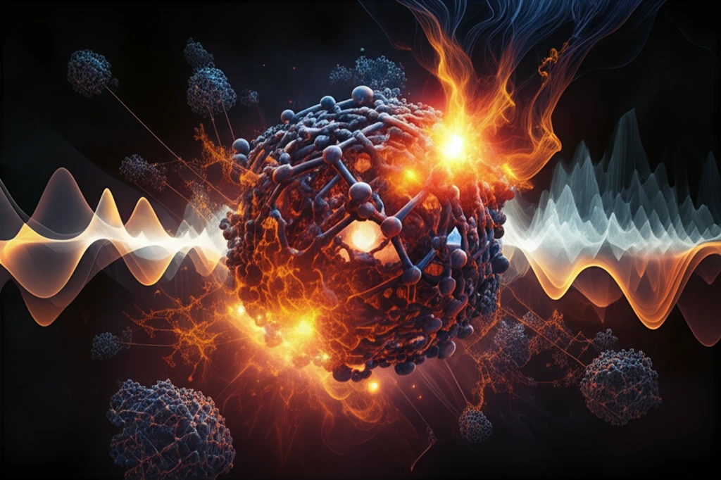 Molecular structure engulfed in flames, symbolizing high-temperature chemical reactions and anharmonic effects.