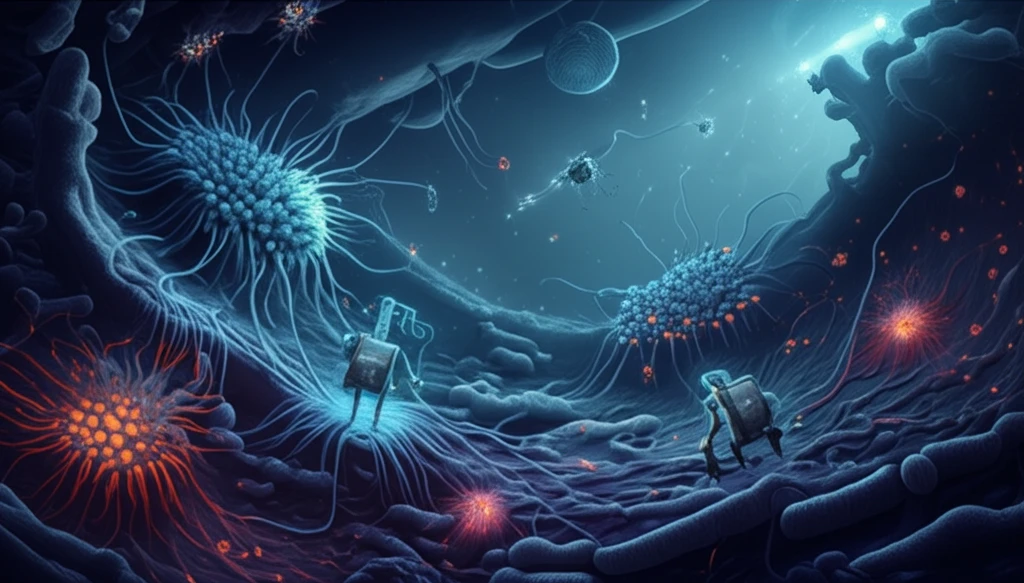 Microscopic view of E. coli bacteria being controlled by sRNAs in the gut.