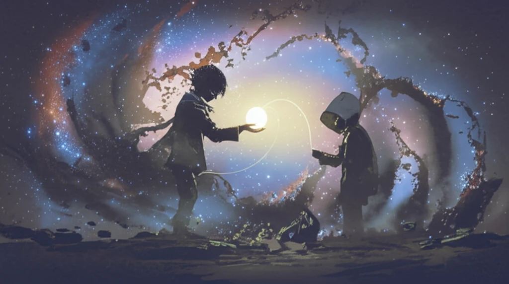 Symbolic image of two figures connected by a thread of light, representing enduring love in the face of dementia.