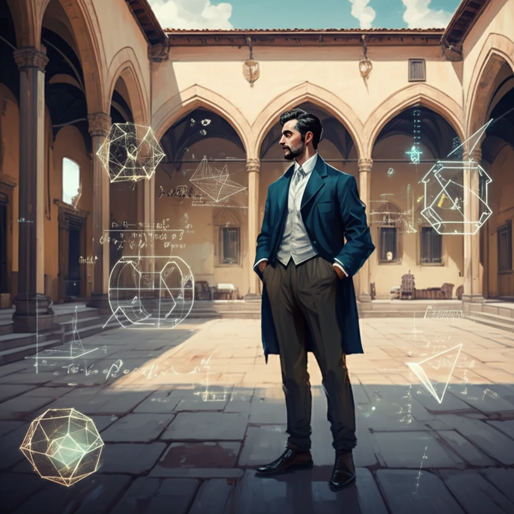 Surreal illustration of Federigo Enriques in the University of Bologna, with geometric shapes.