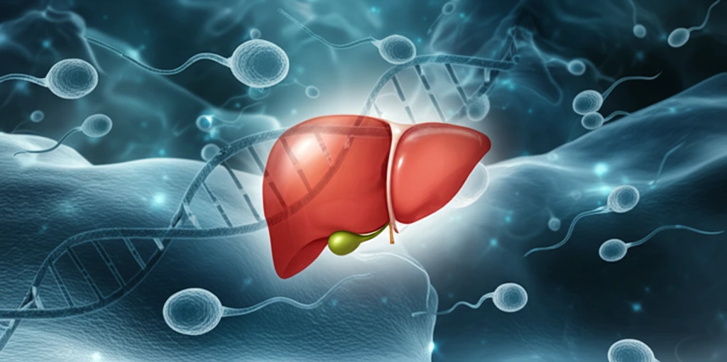 Stylized illustration of liver regeneration through stem cell therapy