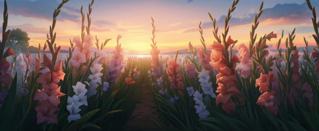 A vibrant gladiolus field at sunset showing genetic diversity.