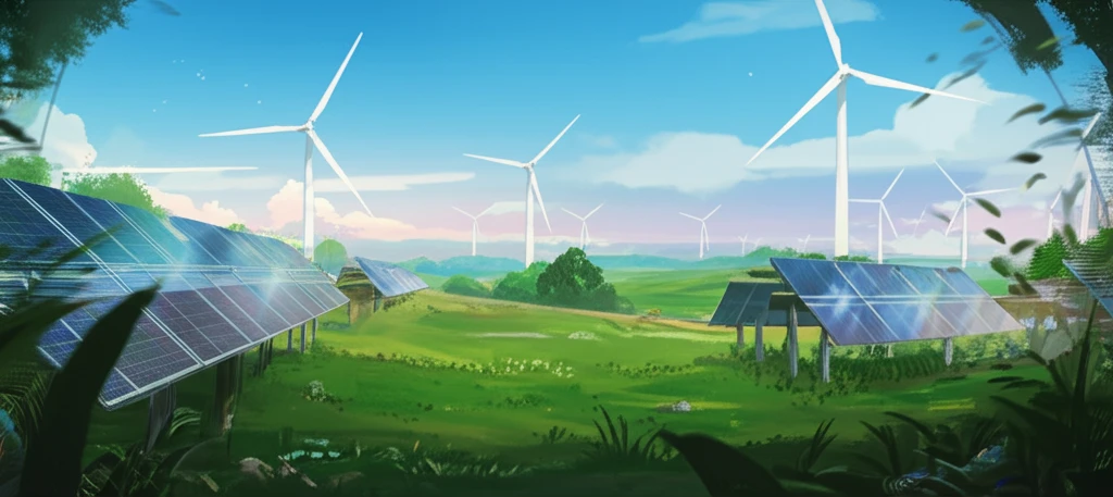 Renewable energy landscape featuring wind turbines and solar panels symbolizing sustainability.