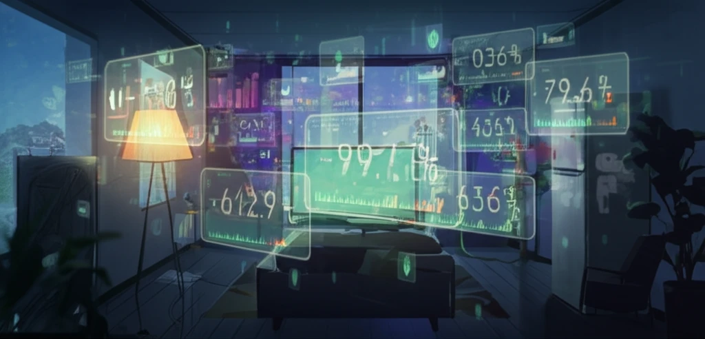 Augmented reality interface displaying real-time energy consumption data in a modern living room.
