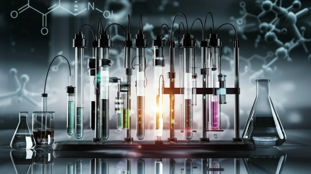 Surreal illustration of a chemiluminescent flow injection analysis system for pharmaceutical analysis.