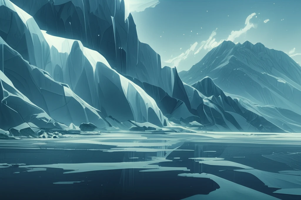 Melting glacier landscape under intense sunlight, symbolizing climate change.