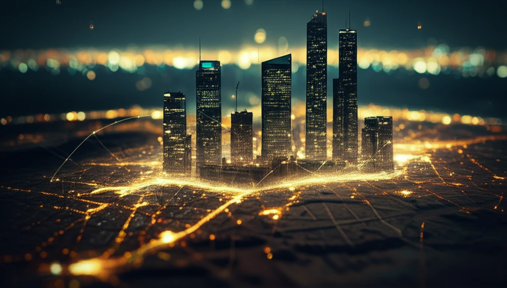 Interconnected cityscapes forming a data network.