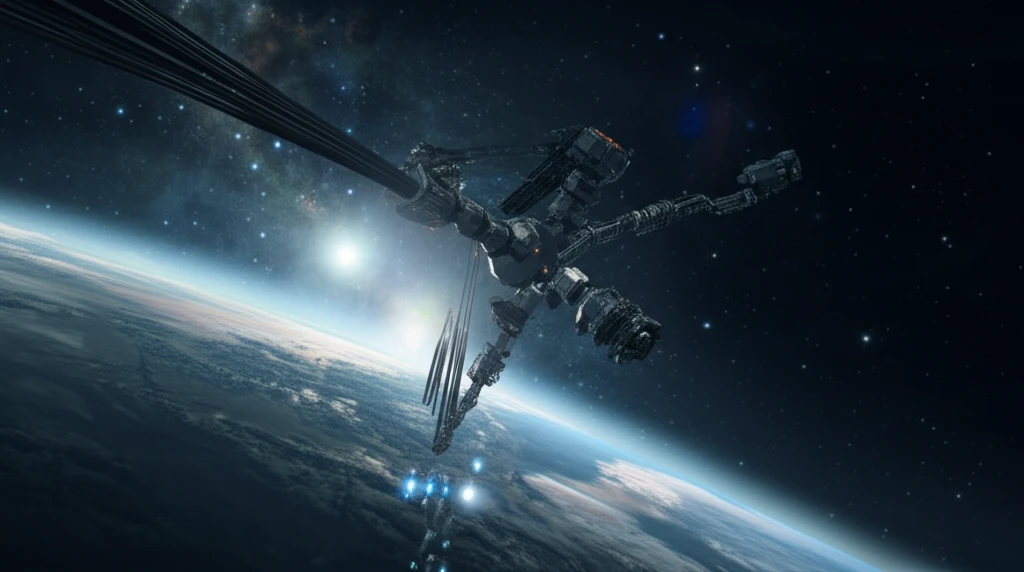Futuristic space tether system with asymmetrical payloads in Earth orbit.