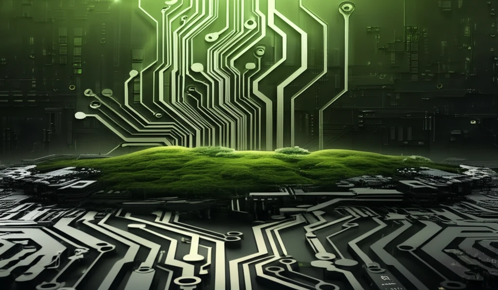 Circuit board evolving into a landscape, symbolizing sustainable technology.