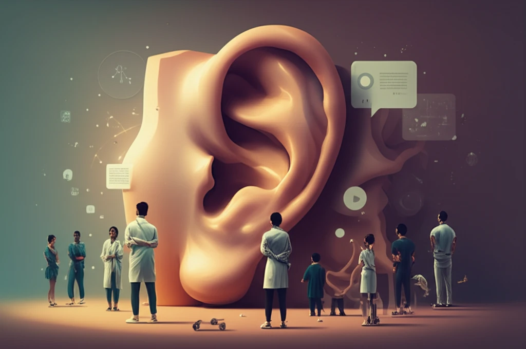 Symbolic illustration of patients and a giant ear representing the importance of listening in healthcare.