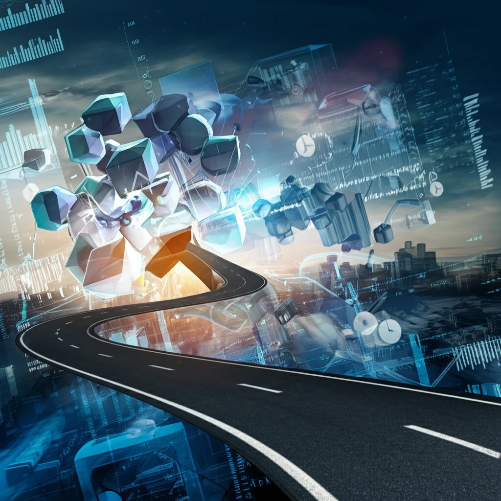 Futuristic asphalt road winding through a data-rich landscape, symbolizing innovation in road construction.