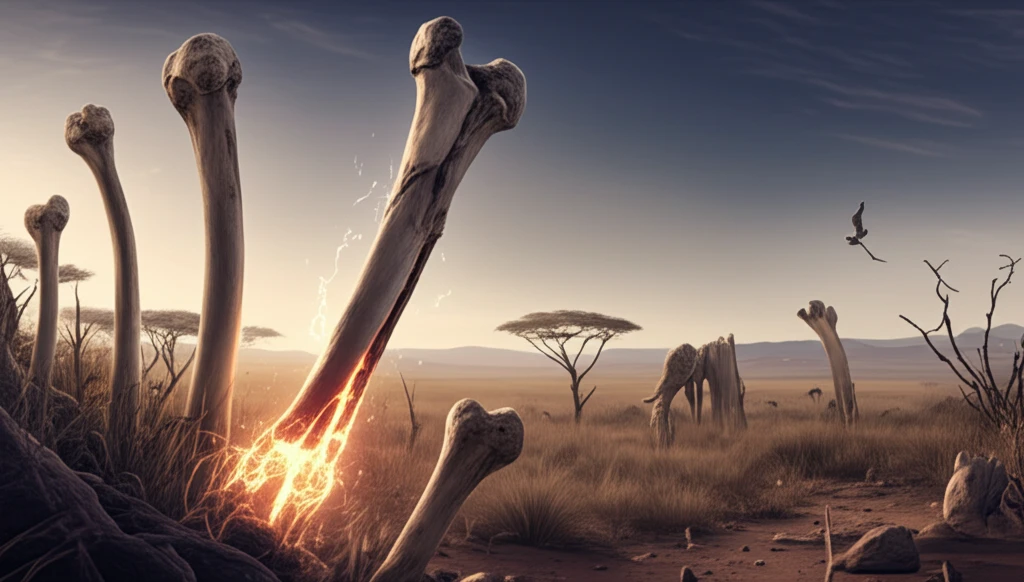 Fossilized humerus bones glowing with energy