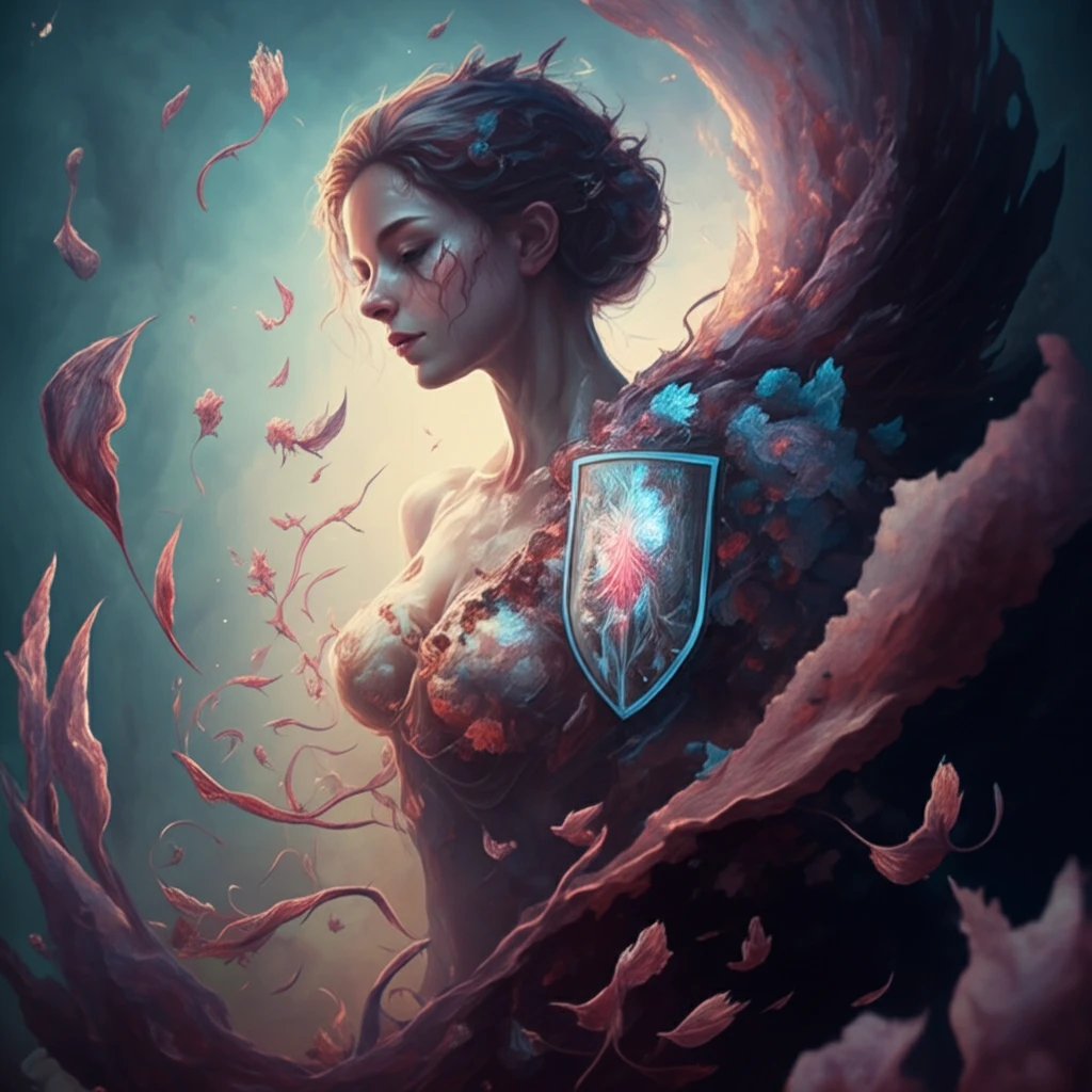 Symbolic representation of breast cancer prevention with raloxifene, featuring a shield of light and a stylized female form.