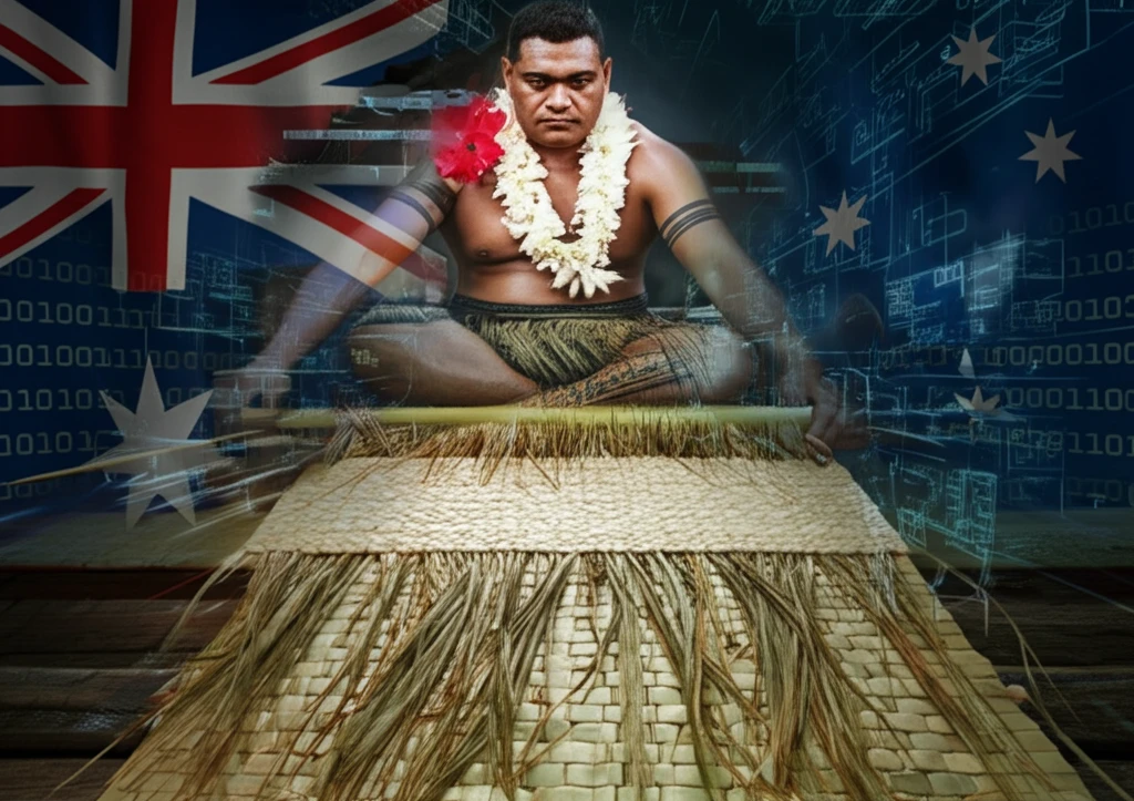 A Pacific Islander weaving a mat symbolizing tradition intersecting with technology and global power dynamics.