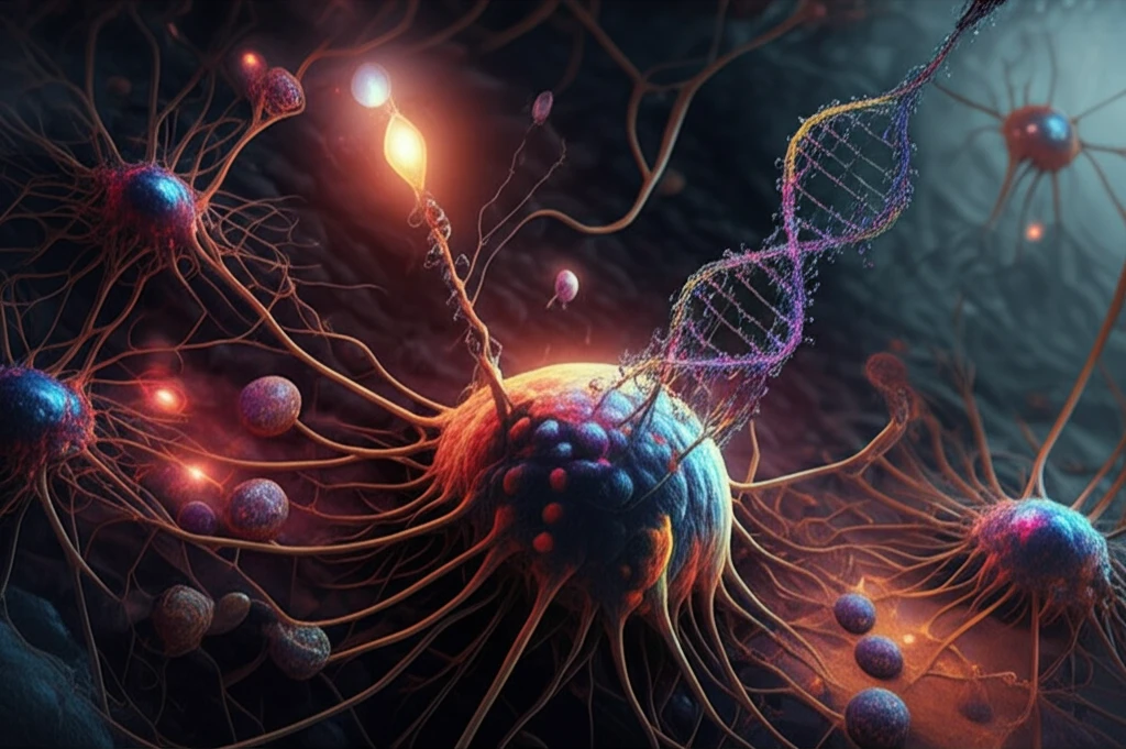Illustration of dendritic cells with Dlg2 protein intertwined.