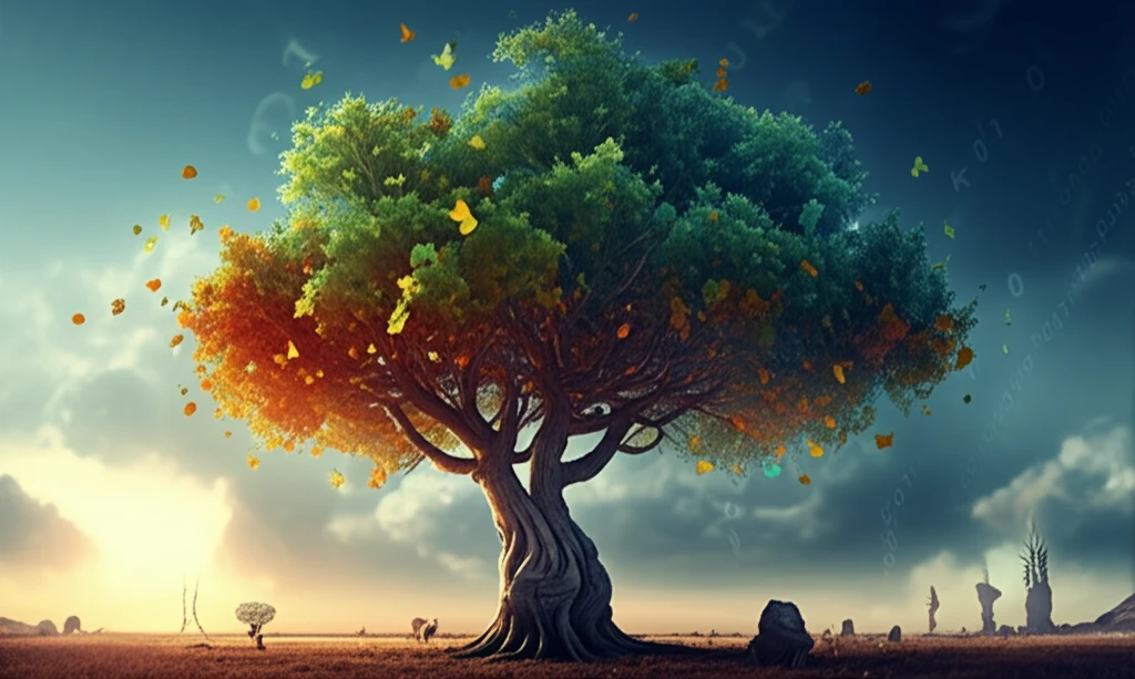 A surreal illustration of a Fremont cottonwood tree, representing adaptation to climate change.