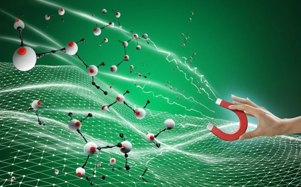 Green landscape with floating molecules controlled by a magnetic field.