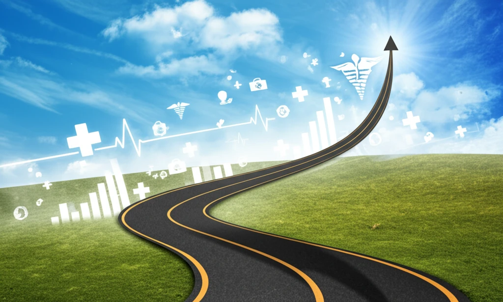 Surreal illustration of a recovery curve depicted as a winding road leading from darkness to light, symbolizing healing and progress in healthcare.