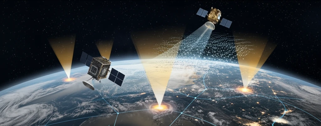 LEO satellite with glowing matrix above Earth