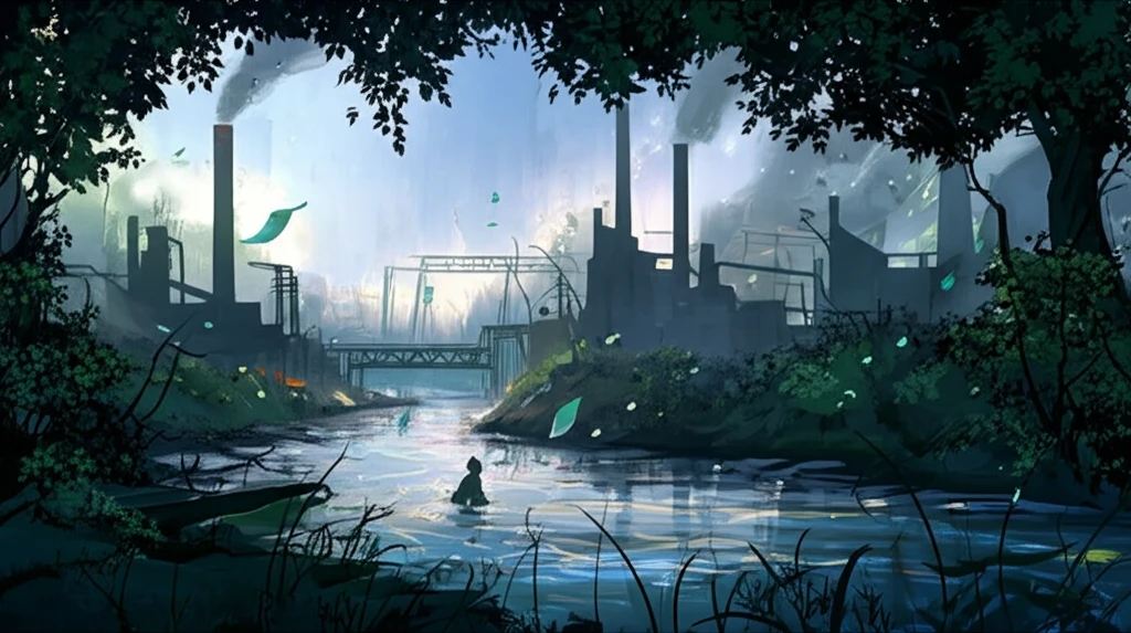 River flowing alongside industrial landscape, illustrating water pollution.