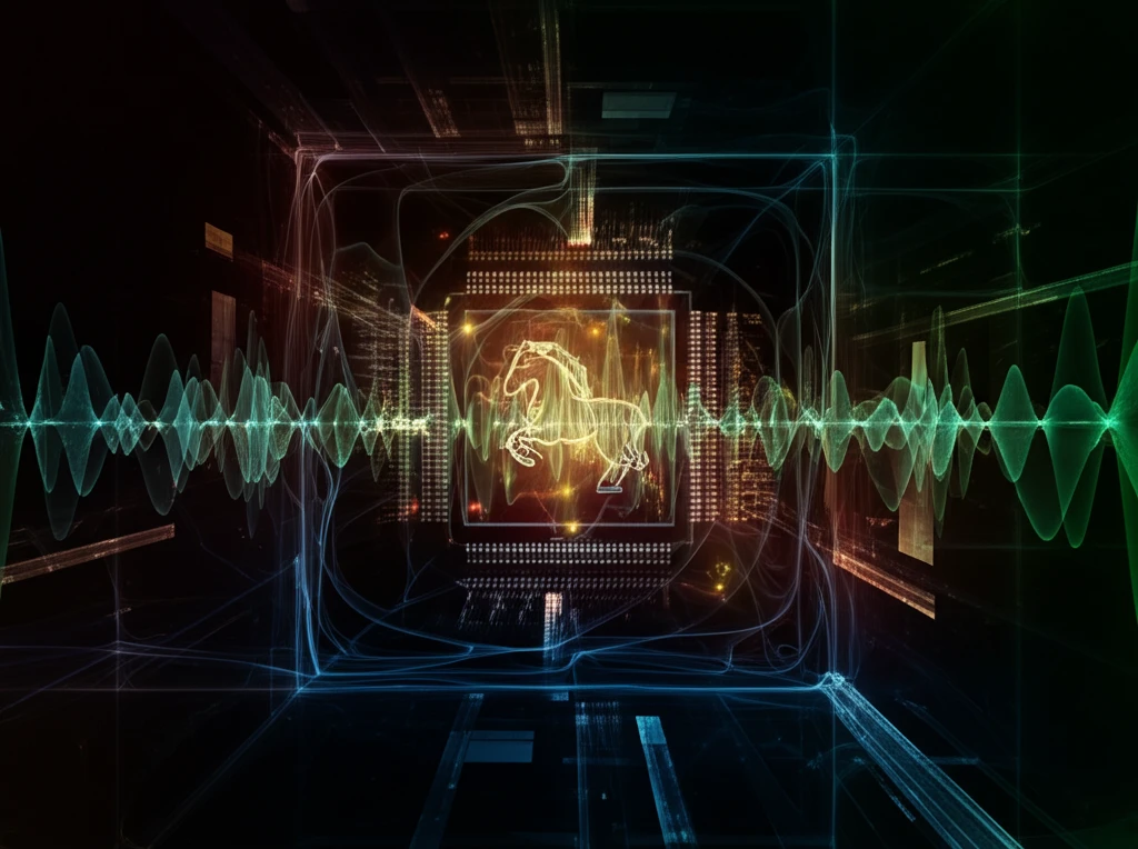 Surreal illustration of a computer chip with neural connections and wavelet patterns, symbolizing hardware Trojan detection.