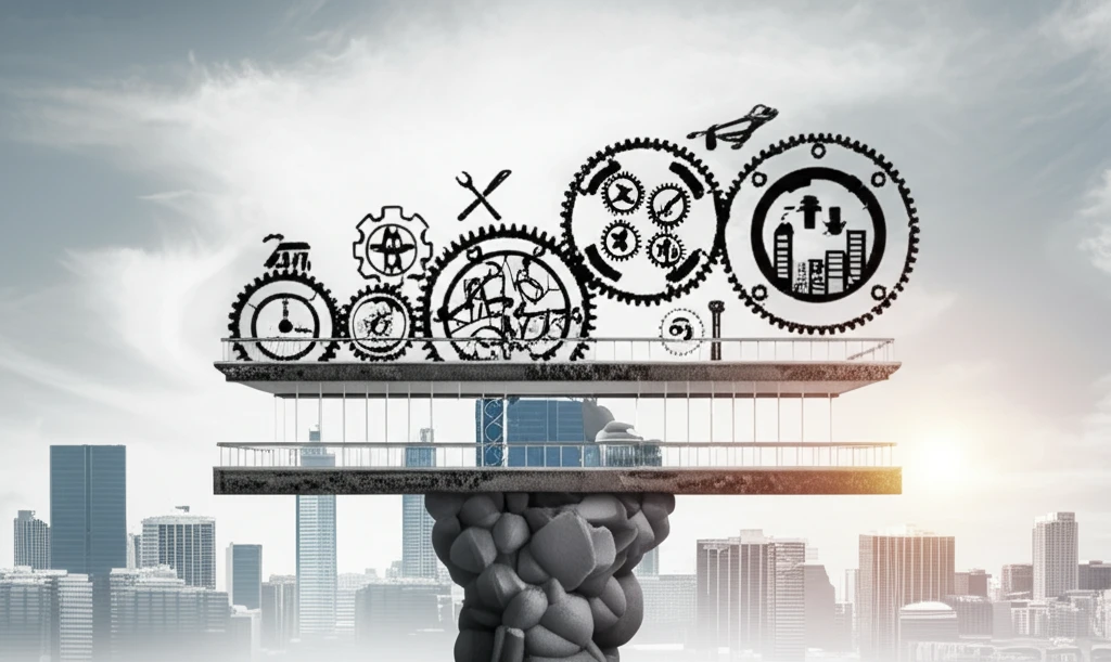 Surreal illustration of a bridge connecting gears to a cityscape, symbolizing the link between quality management, structural capability, and organizational performance.