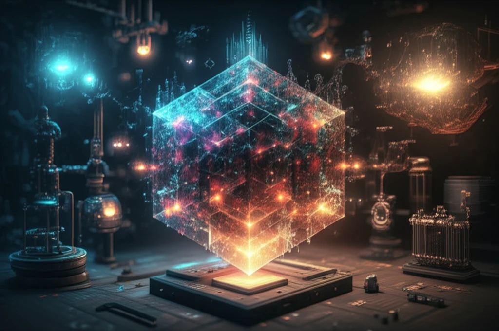 Surreal illustration of YbNi4P2 crystalline structure with energy fields.