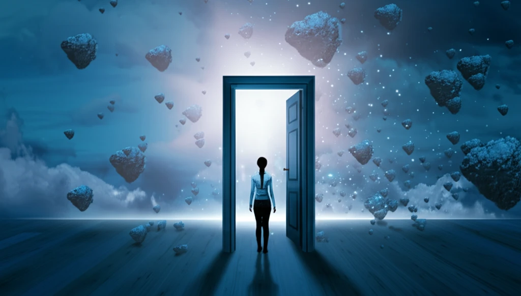 Person partially in real world and partially in virtual reality standing in doorway.
