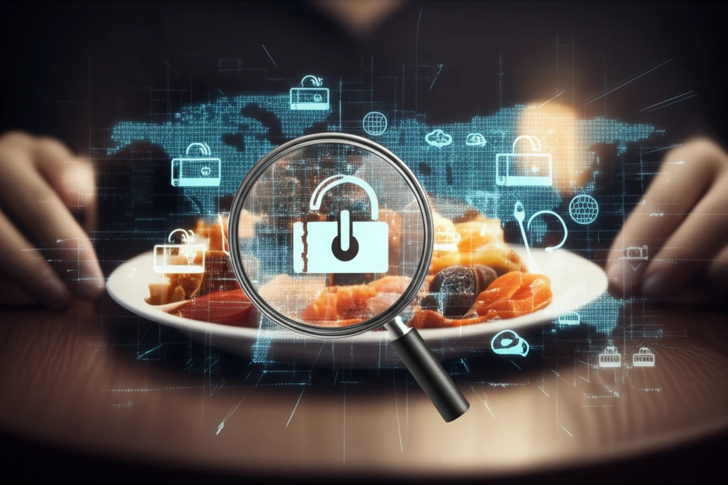Interconnected food items with glowing data streams and a magnifying glass hovering over a plate of food, symbolizing food safety monitoring.
