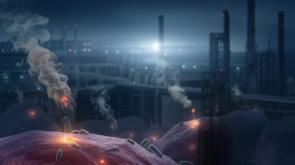 Microscopic view of damaged cells due to nickel smelting fumes, with an industrial skyline in the background.