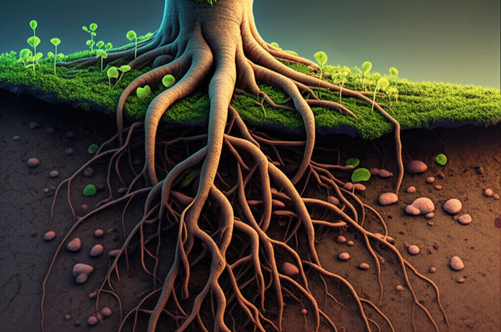 Illustration of slow-growing Mycobacterium tuberculosis roots penetrating immune defenses.
